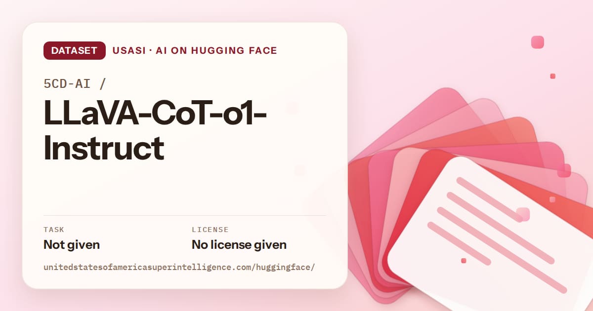 Generated coral layered-card artwork for the dataset 5CD-AI/LLaVA-CoT-o1-Instruct, labeled USASI · AI on Hugging Face, with Task: Not given · License: No license given.