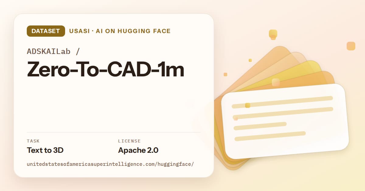Generated amber layered-card artwork for the dataset ADSKAILab/Zero-To-CAD-1m, labeled USASI · AI on Hugging Face, with Task: Text to 3D · License: Apache 2.0.