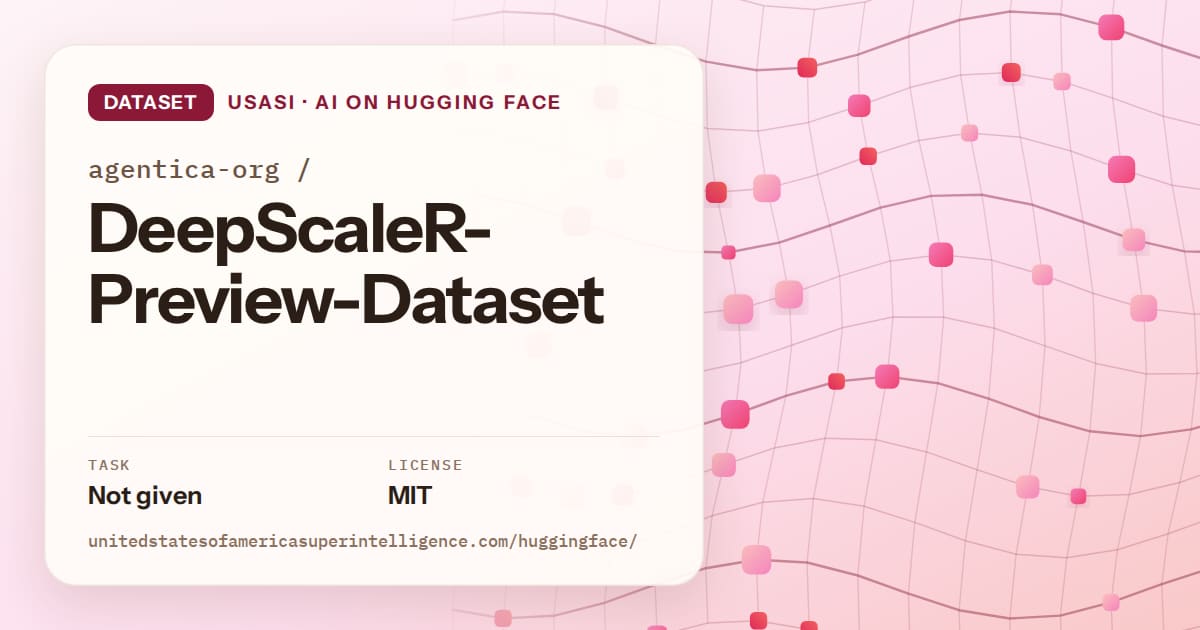 Generated rose wave-lattice artwork for the dataset agentica-org/DeepScaleR-Preview-Dataset, labeled USASI · AI on Hugging Face, with Task: Not given · License: MIT.