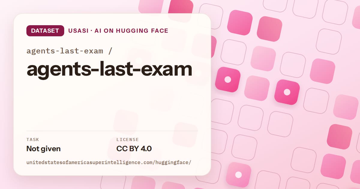 Generated rose rounded-tile grid artwork for the dataset agents-last-exam/agents-last-exam, labeled USASI · AI on Hugging Face, with Task: Not given · License: CC BY 4.0.
