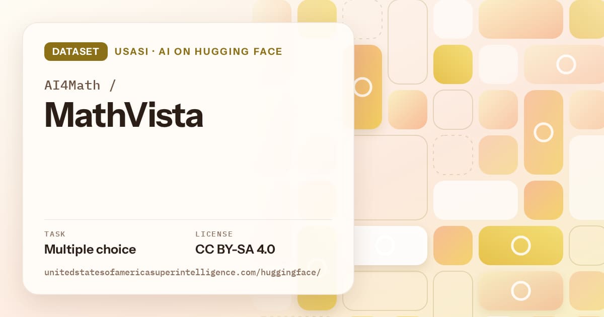 Generated gold tile-mosaic artwork for the dataset AI4Math/MathVista, labeled USASI · AI on Hugging Face, with Task: Multiple choice · License: CC BY-SA 4.0.