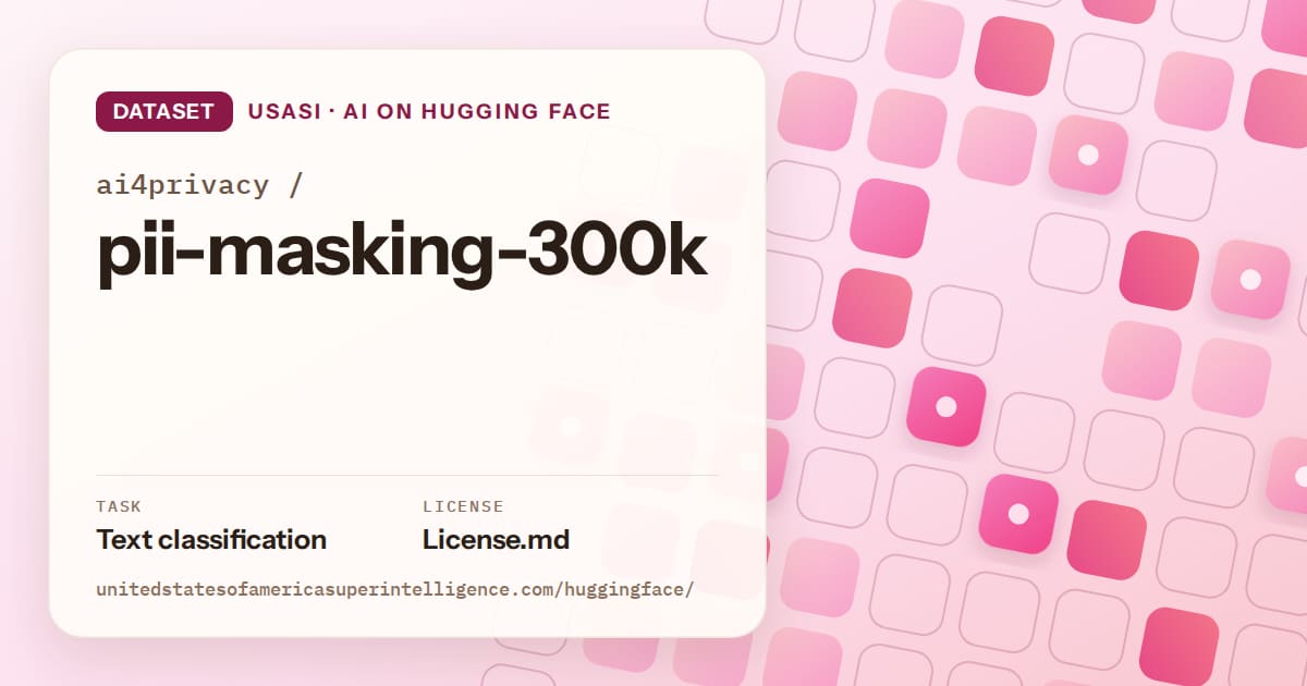 Generated rose rounded-tile grid artwork for the dataset ai4privacy/pii-masking-300k, labeled USASI · AI on Hugging Face, with Task: Text classification · License: License.md.