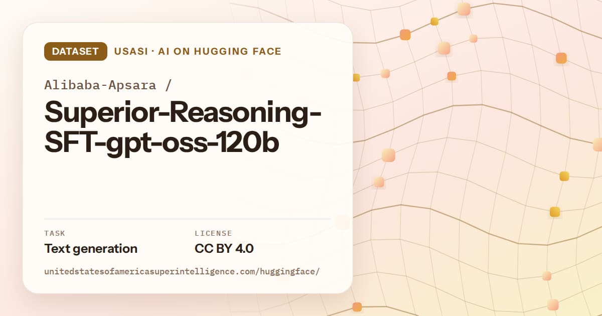 Generated amber wave-lattice artwork for the dataset Alibaba-Apsara/Superior-Reasoning-SFT-gpt-oss-120b, labeled USASI · AI on Hugging Face, with Task: Text generation · License: CC BY 4.0.