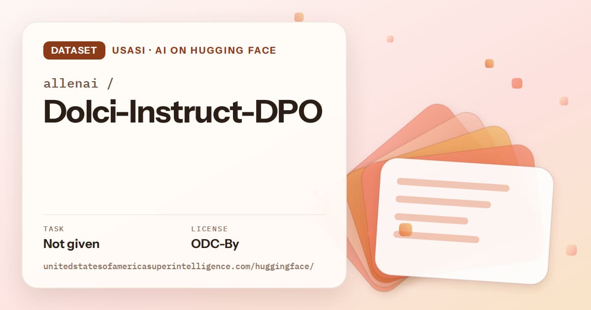 Generated tangerine layered-card artwork for the dataset allenai/Dolci-Instruct-DPO, labeled USASI · AI on Hugging Face, with Task: Not given · License: ODC-By.