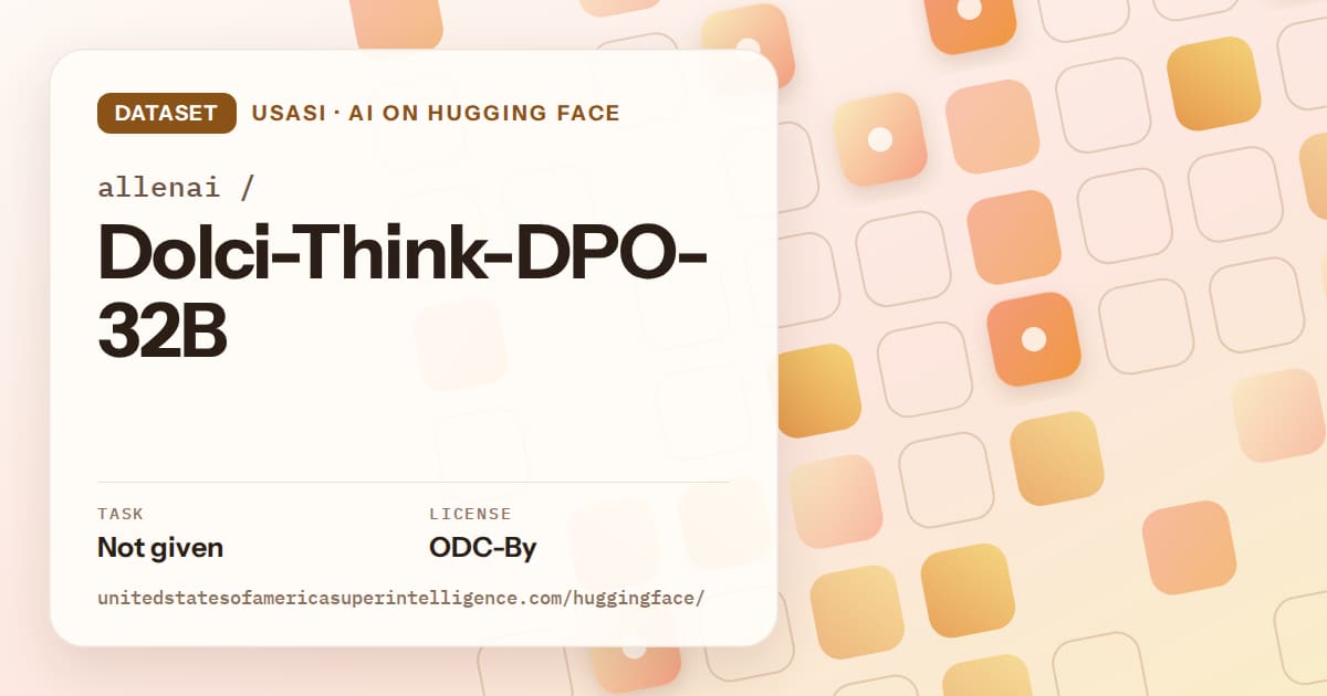 Generated orange rounded-tile grid artwork for the dataset allenai/Dolci-Think-DPO-32B, labeled USASI · AI on Hugging Face, with Task: Not given · License: ODC-By.