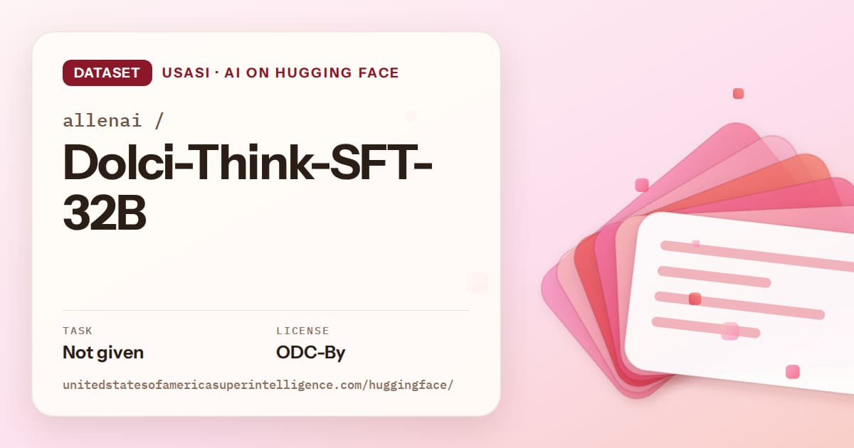 Generated coral layered-card artwork for the dataset allenai/Dolci-Think-SFT-32B, labeled USASI · AI on Hugging Face, with Task: Not given · License: ODC-By.