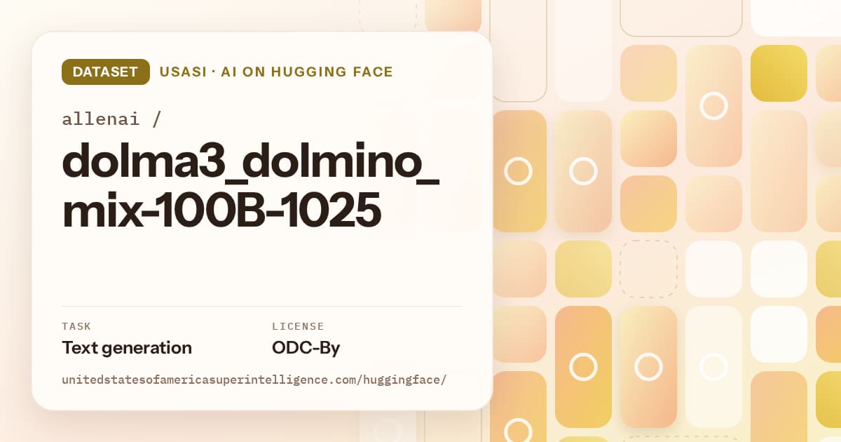 Generated gold tile-mosaic artwork for the dataset allenai/dolma3_dolmino_mix-100B-1025, labeled USASI · AI on Hugging Face, with Task: Text generation · License: ODC-By.
