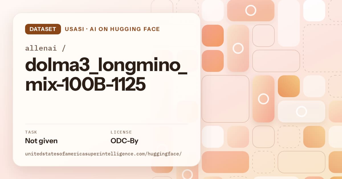 Generated orange tile-mosaic artwork for the dataset allenai/dolma3_longmino_mix-100B-1125, labeled USASI · AI on Hugging Face, with Task: Not given · License: ODC-By.