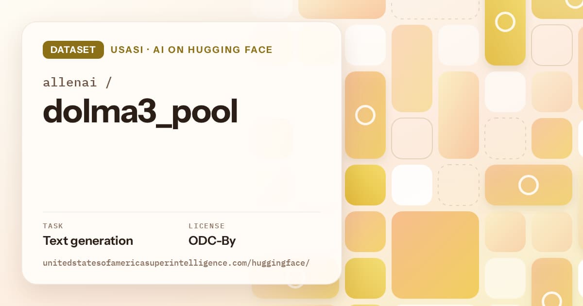 Generated gold tile-mosaic artwork for the dataset allenai/dolma3_pool, labeled USASI · AI on Hugging Face, with Task: Text generation · License: ODC-By.