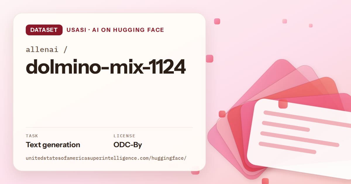 Generated coral layered-card artwork for the dataset allenai/dolmino-mix-1124, labeled USASI · AI on Hugging Face, with Task: Text generation · License: ODC-By.