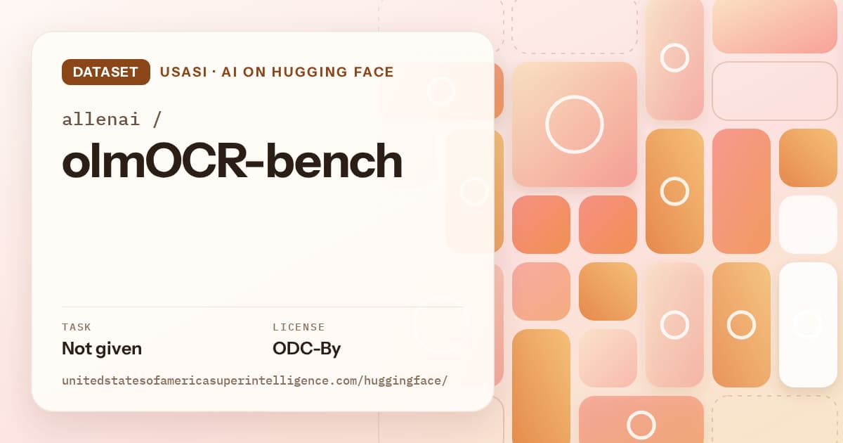 Generated orange tile-mosaic artwork for the dataset allenai/olmOCR-bench, labeled USASI · AI on Hugging Face, with Task: Not given · License: ODC-By.