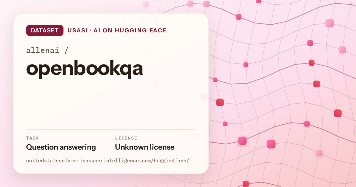 Generated rose wave-lattice artwork for the dataset allenai/openbookqa, labeled USASI · AI on Hugging Face, with Task: Question answering · License: Unknown license.