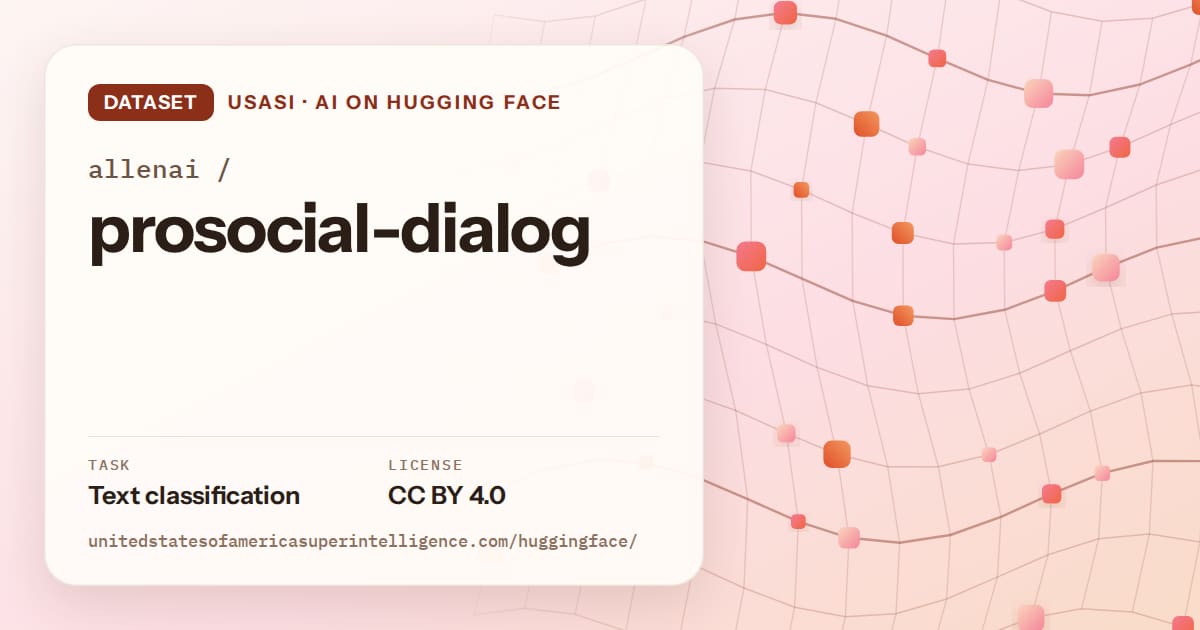 Generated tangerine wave-lattice artwork for the dataset allenai/prosocial-dialog, labeled USASI · AI on Hugging Face, with Task: Text classification · License: CC BY 4.0.