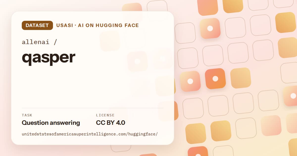 Generated orange rounded-tile grid artwork for the dataset allenai/qasper, labeled USASI · AI on Hugging Face, with Task: Question answering · License: CC BY 4.0.
