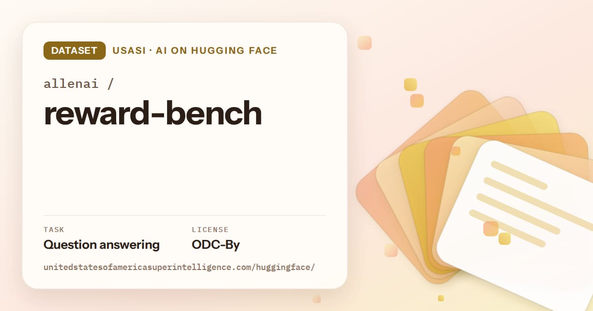 Generated amber layered-card artwork for the dataset allenai/reward-bench, labeled USASI · AI on Hugging Face, with Task: Question answering · License: ODC-By.