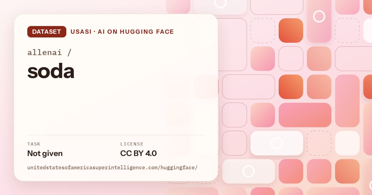 Generated coral tile-mosaic artwork for the dataset allenai/soda, labeled USASI · AI on Hugging Face, with Task: Not given · License: CC BY 4.0.