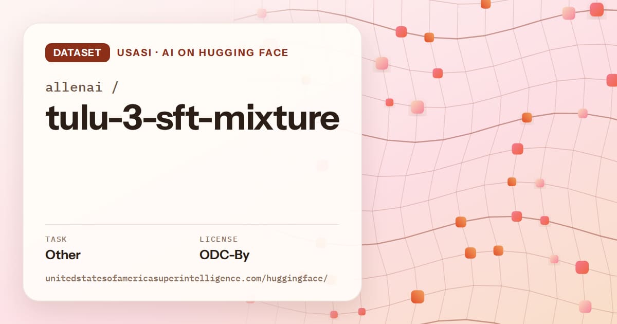Generated tangerine wave-lattice artwork for the dataset allenai/tulu-3-sft-mixture, labeled USASI · AI on Hugging Face, with Task: Other · License: ODC-By.