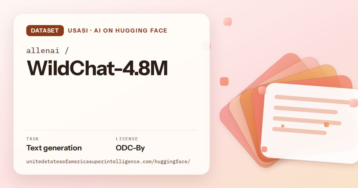 Generated tangerine layered-card artwork for the dataset allenai/WildChat-4.8M, labeled USASI · AI on Hugging Face, with Task: Text generation · License: ODC-By.