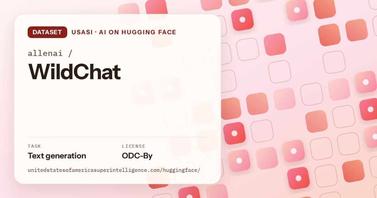 Generated coral rounded-tile grid artwork for the dataset allenai/WildChat, labeled USASI · AI on Hugging Face, with Task: Text generation · License: ODC-By.