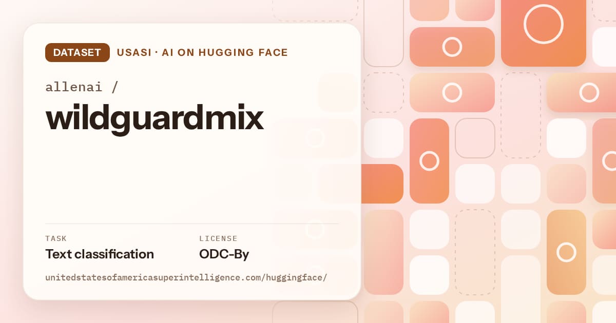Generated orange tile-mosaic artwork for the dataset allenai/wildguardmix, labeled USASI · AI on Hugging Face, with Task: Text classification · License: ODC-By.