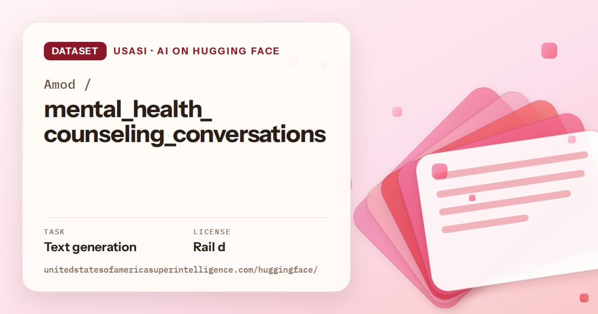 Generated coral layered-card artwork for the dataset Amod/mental_health_counseling_conversations, labeled USASI · AI on Hugging Face, with Task: Text generation · License: Rail d.
