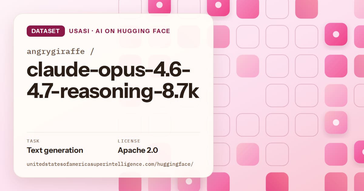 Generated rose rounded-tile grid artwork for the dataset angrygiraffe/claude-opus-4.6-4.7-reasoning-8.7k, labeled USASI · AI on Hugging Face, with Task: Text generation · License: Apache 2.0.