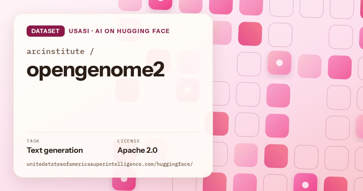 Generated rose rounded-tile grid artwork for the dataset arcinstitute/opengenome2, labeled USASI · AI on Hugging Face, with Task: Text generation · License: Apache 2.0.