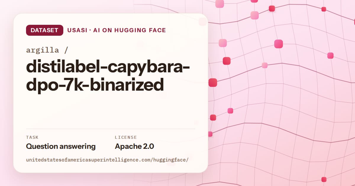 Generated rose wave-lattice artwork for the dataset argilla/distilabel-capybara-dpo-7k-binarized, labeled USASI · AI on Hugging Face, with Task: Question answering · License: Apache 2.0.