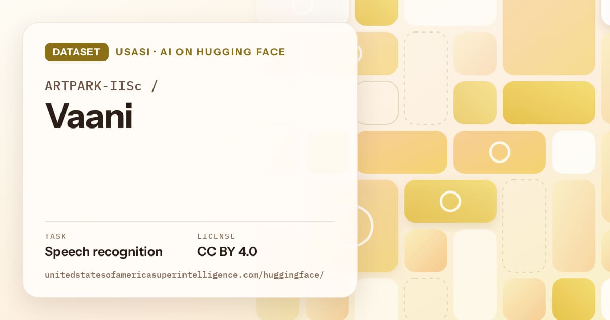 Generated gold tile-mosaic artwork for the dataset ARTPARK-IISc/Vaani, labeled USASI · AI on Hugging Face, with Task: Speech recognition · License: CC BY 4.0.