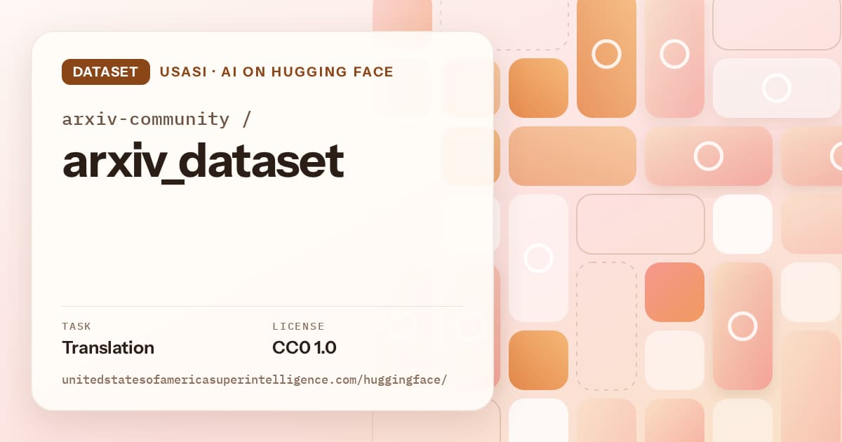 Generated orange tile-mosaic artwork for the dataset arxiv-community/arxiv_dataset, labeled USASI · AI on Hugging Face, with Task: Translation · License: CC0 1.0.