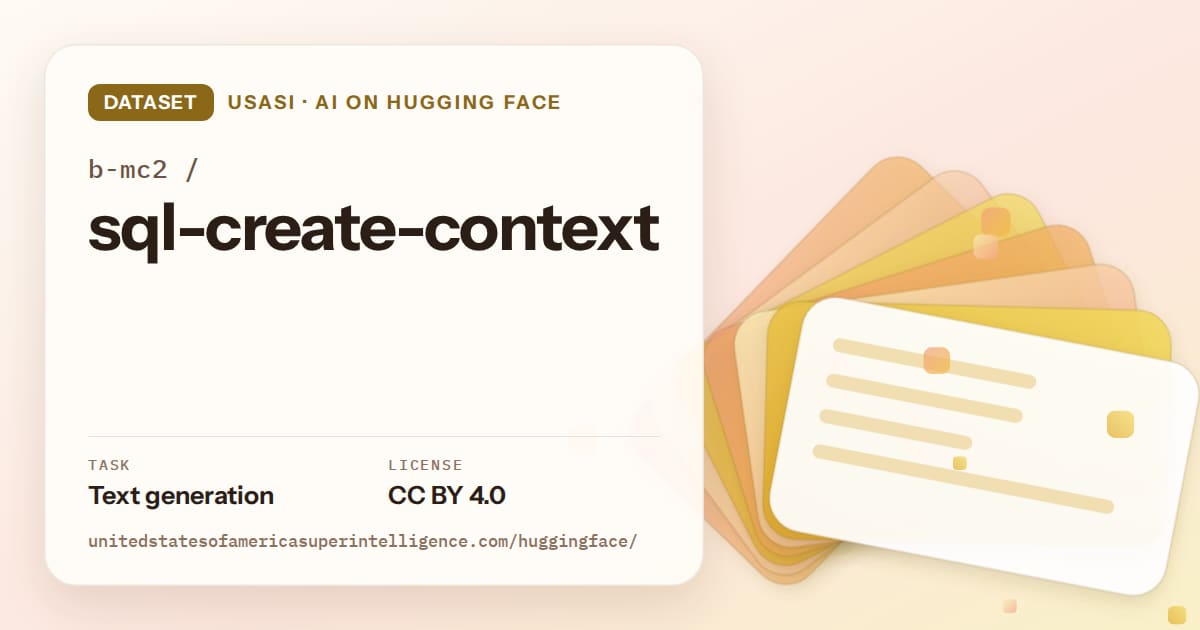 Generated amber layered-card artwork for the dataset b-mc2/sql-create-context, labeled USASI · AI on Hugging Face, with Task: Text generation · License: CC BY 4.0.