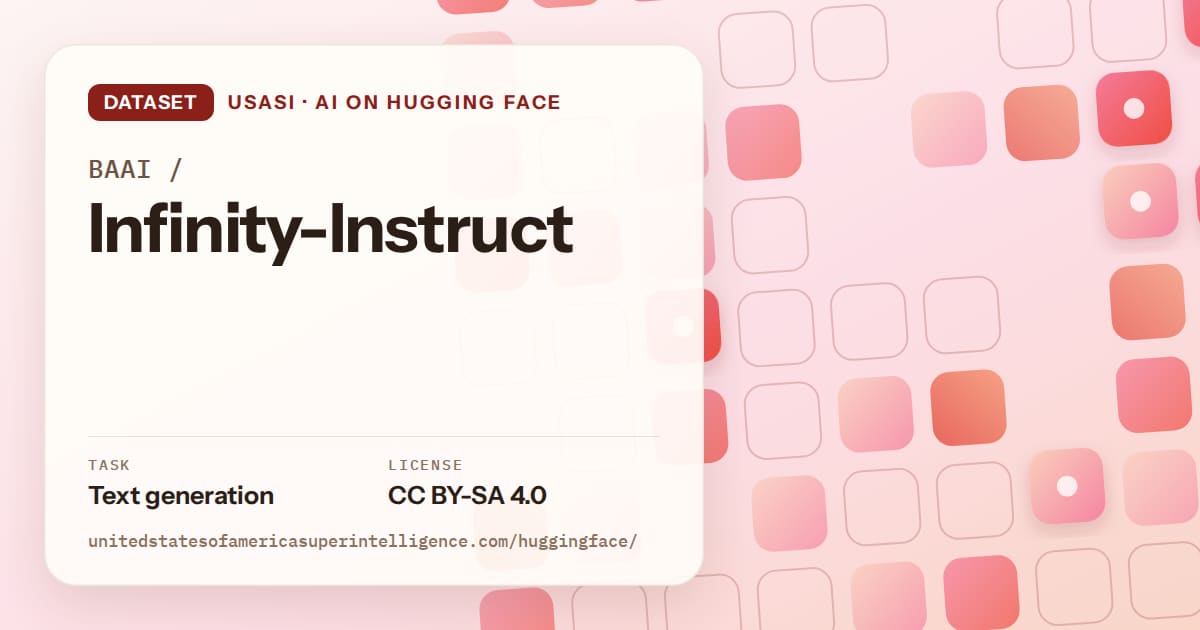 Generated coral rounded-tile grid artwork for the dataset BAAI/Infinity-Instruct, labeled USASI · AI on Hugging Face, with Task: Text generation · License: CC BY-SA 4.0.