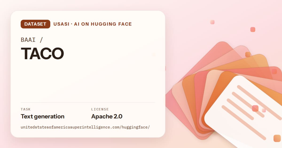 Generated tangerine layered-card artwork for the dataset BAAI/TACO, labeled USASI · AI on Hugging Face, with Task: Text generation · License: Apache 2.0.