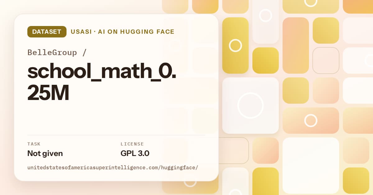 Generated gold tile-mosaic artwork for the dataset BelleGroup/school_math_0.25M, labeled USASI · AI on Hugging Face, with Task: Not given · License: GPL 3.0.
