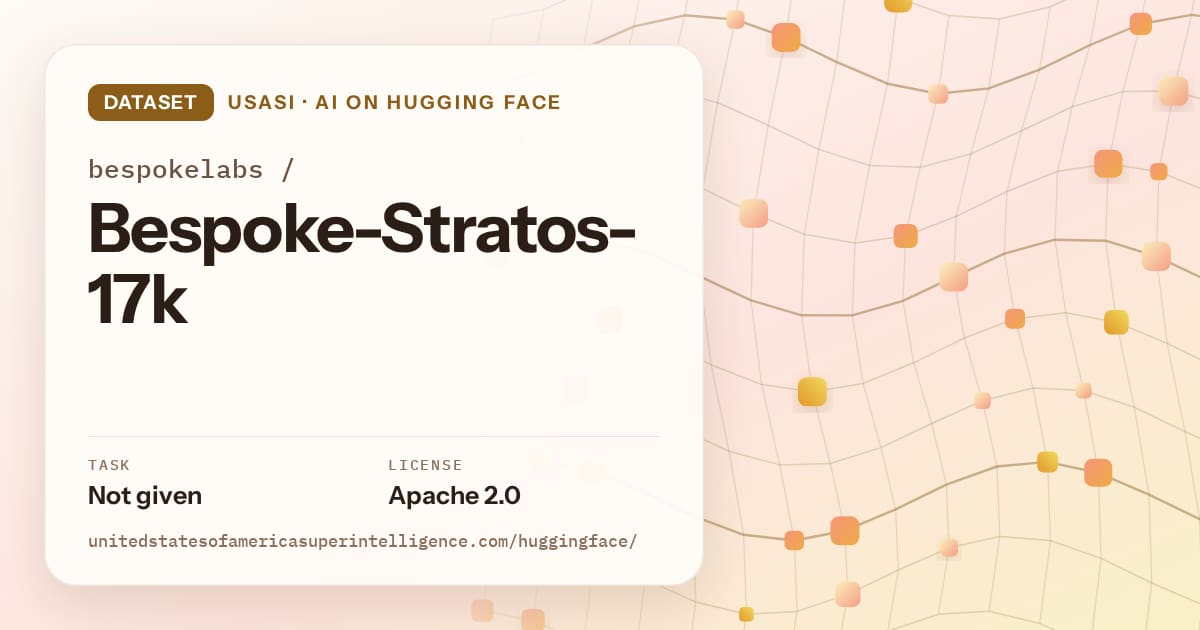 Generated amber wave-lattice artwork for the dataset bespokelabs/Bespoke-Stratos-17k, labeled USASI · AI on Hugging Face, with Task: Not given · License: Apache 2.0.
