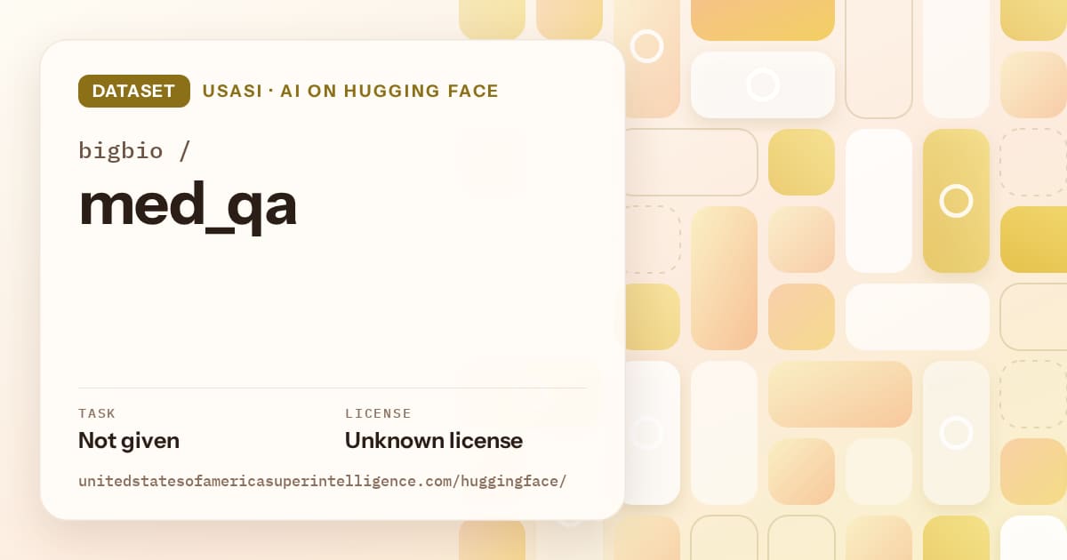 Generated gold tile-mosaic artwork for the dataset bigbio/med_qa, labeled USASI · AI on Hugging Face, with Task: Not given · License: Unknown license.