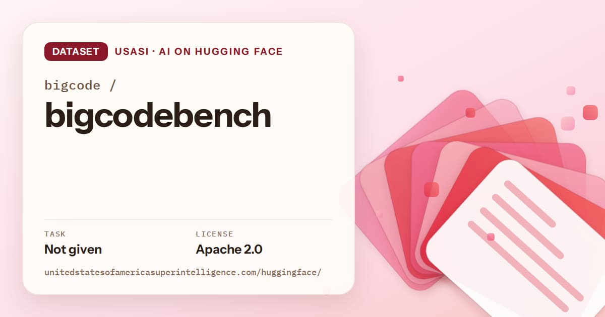 Generated coral layered-card artwork for the dataset bigcode/bigcodebench, labeled USASI · AI on Hugging Face, with Task: Not given · License: Apache 2.0.