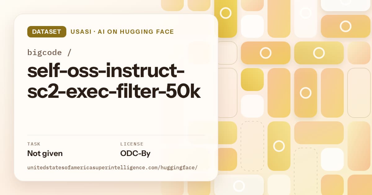 Generated gold tile-mosaic artwork for the dataset bigcode/self-oss-instruct-sc2-exec-filter-50k, labeled USASI · AI on Hugging Face, with Task: Not given · License: ODC-By.