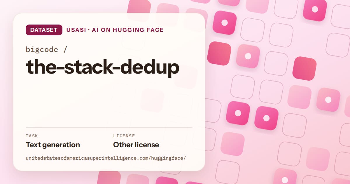 Generated rose rounded-tile grid artwork for the dataset bigcode/the-stack-dedup, labeled USASI · AI on Hugging Face, with Task: Text generation · License: Other license.