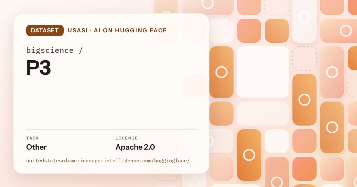 Generated orange tile-mosaic artwork for the dataset bigscience/P3, labeled USASI · AI on Hugging Face, with Task: Other · License: Apache 2.0.