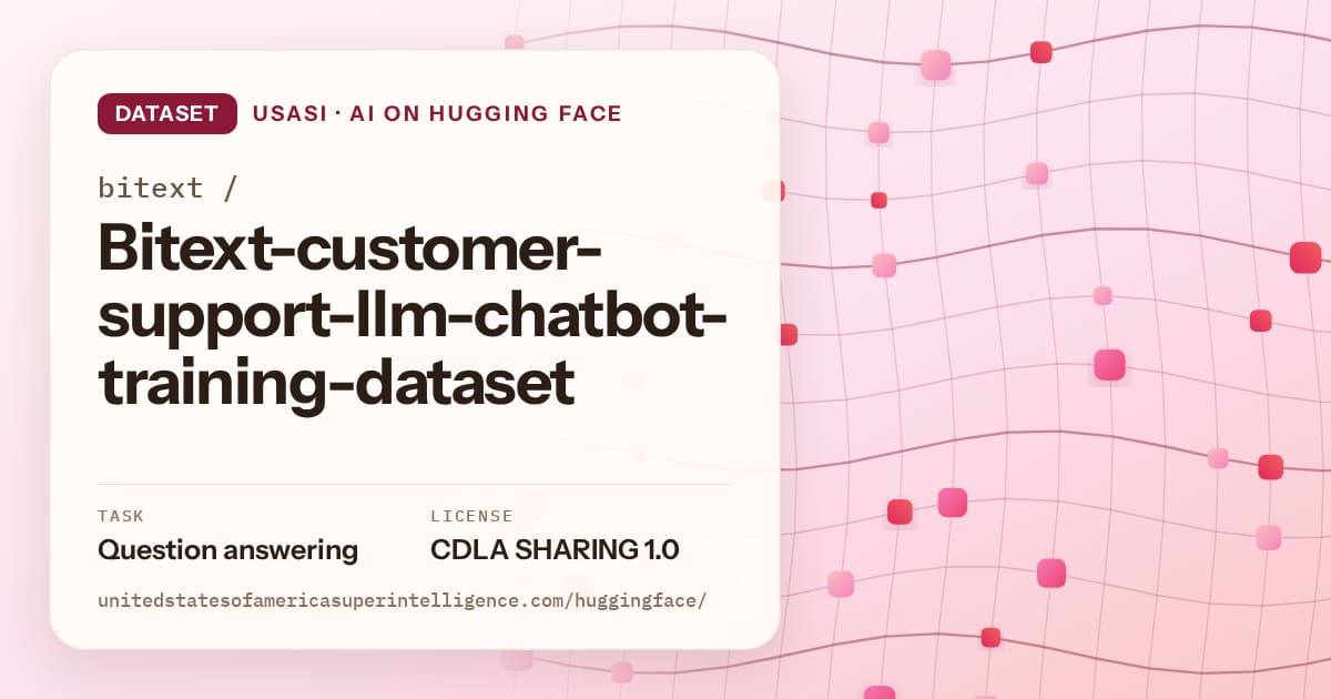 Generated rose wave-lattice artwork for the dataset bitext/Bitext-customer-support-llm-chatbot-training-dataset, labeled USASI · AI on Hugging Face, with Task: Question answering · License: CDLA SHARING 1.0.