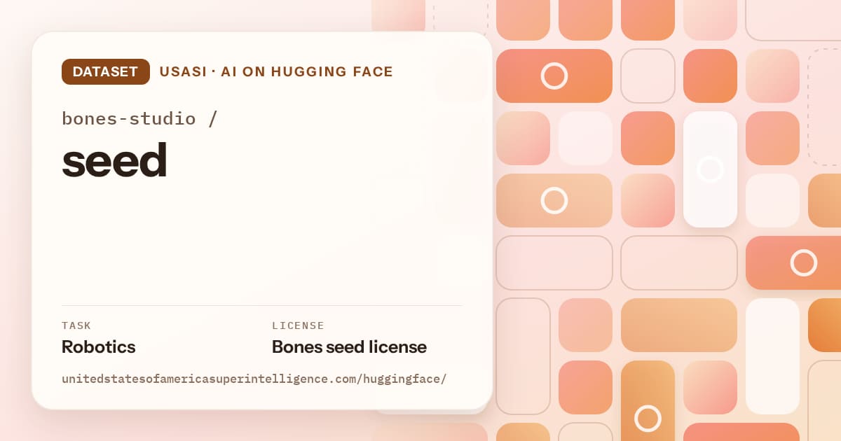 Generated orange tile-mosaic artwork for the dataset bones-studio/seed, labeled USASI · AI on Hugging Face, with Task: Robotics · License: Bones seed license.