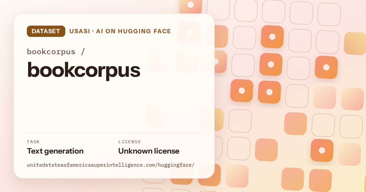 Generated orange rounded-tile grid artwork for the dataset bookcorpus/bookcorpus, labeled USASI · AI on Hugging Face, with Task: Text generation · License: Unknown license.