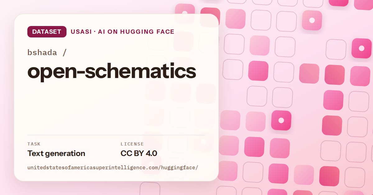 Generated rose rounded-tile grid artwork for the dataset bshada/open-schematics, labeled USASI · AI on Hugging Face, with Task: Text generation · License: CC BY 4.0.