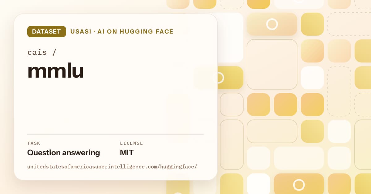 Generated gold tile-mosaic artwork for the dataset cais/mmlu, labeled USASI · AI on Hugging Face, with Task: Question answering · License: MIT.