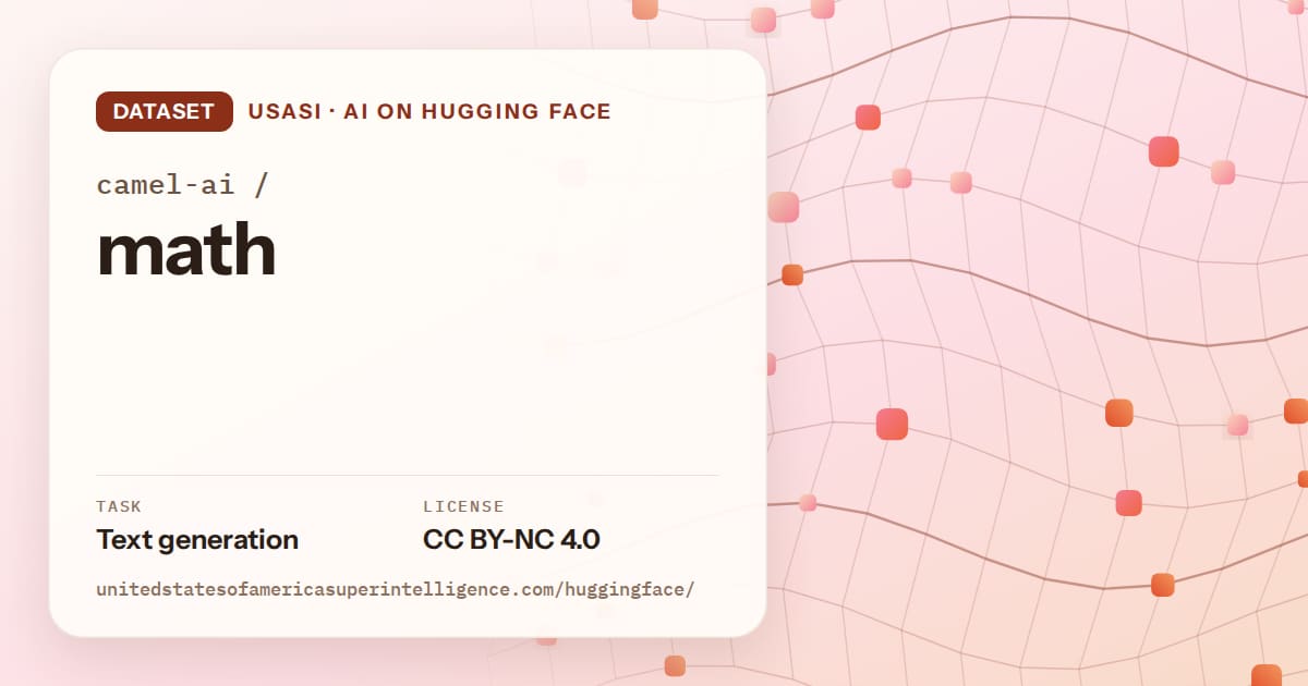 Generated tangerine wave-lattice artwork for the dataset camel-ai/math, labeled USASI · AI on Hugging Face, with Task: Text generation · License: CC BY-NC 4.0.