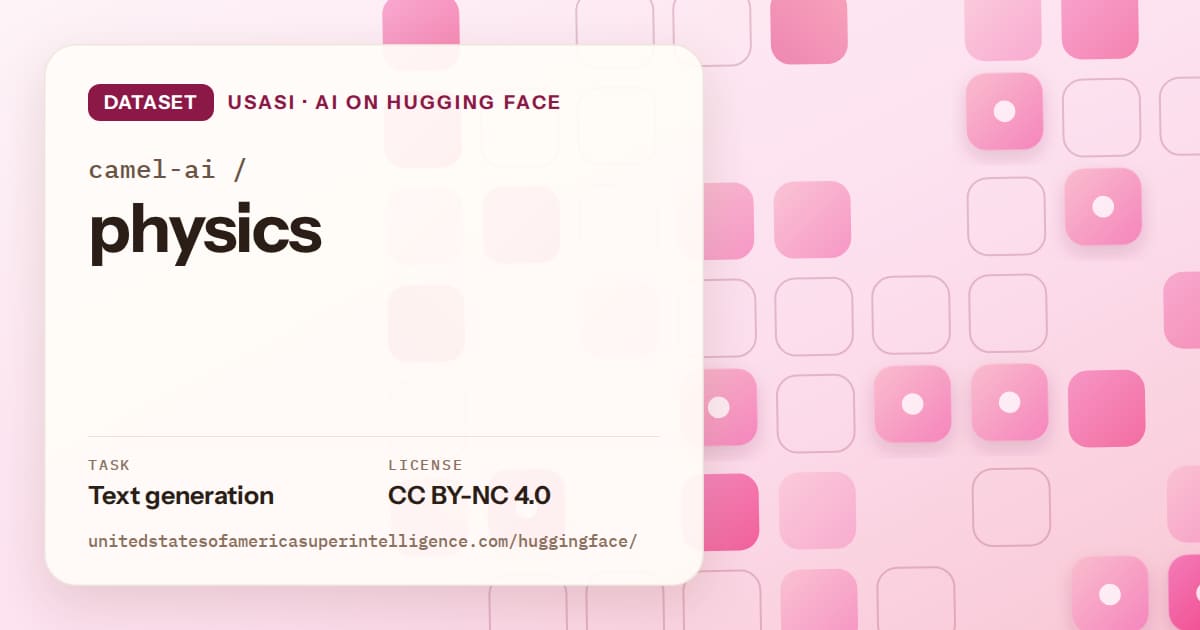 Generated rose rounded-tile grid artwork for the dataset camel-ai/physics, labeled USASI · AI on Hugging Face, with Task: Text generation · License: CC BY-NC 4.0.