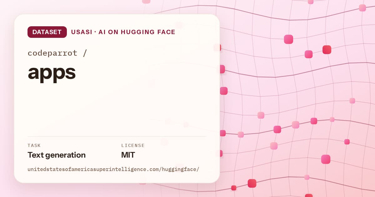 Generated rose wave-lattice artwork for the dataset codeparrot/apps, labeled USASI · AI on Hugging Face, with Task: Text generation · License: MIT.