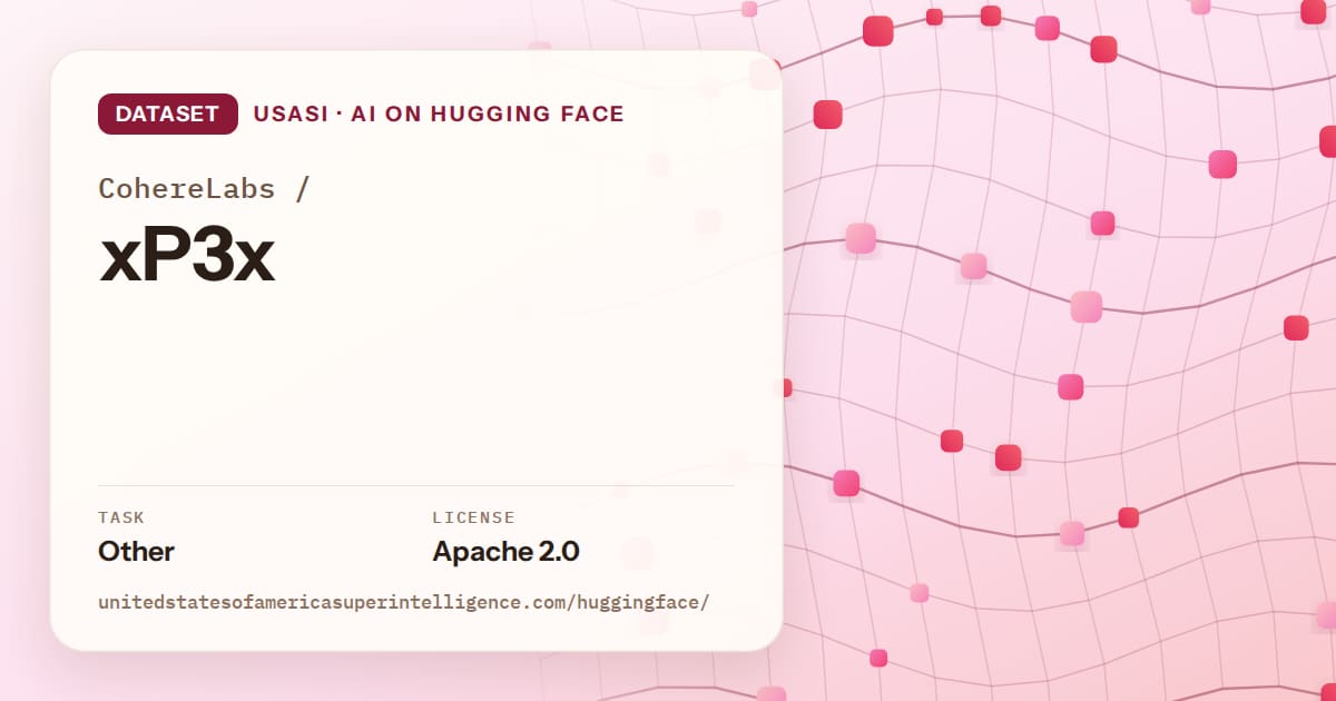 Generated rose wave-lattice artwork for the dataset CohereLabs/xP3x, labeled USASI · AI on Hugging Face, with Task: Other · License: Apache 2.0.