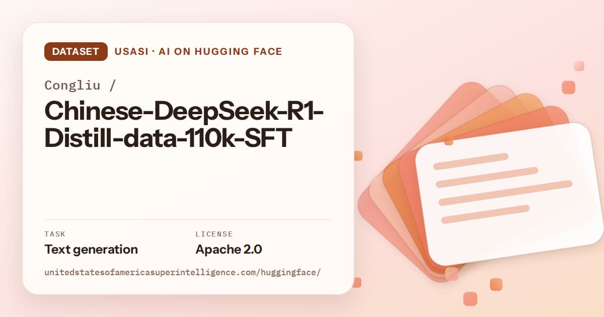 Generated tangerine layered-card artwork for the dataset Congliu/Chinese-DeepSeek-R1-Distill-data-110k-SFT, labeled USASI · AI on Hugging Face, with Task: Text generation · License: Apache 2.0.